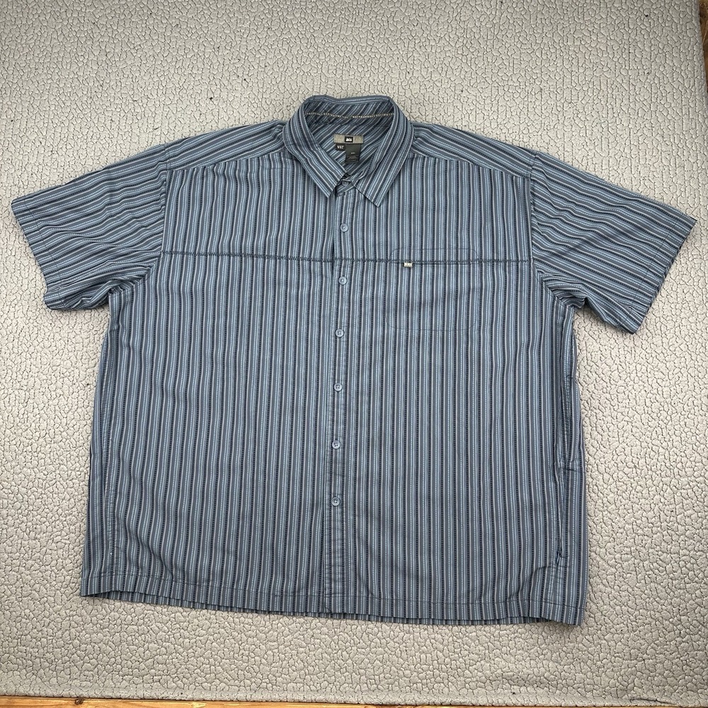 REI Hiking Mens 2XL XXL  Blue Gray Stripes Fishing Short Sleeve Shirt UPF 50+